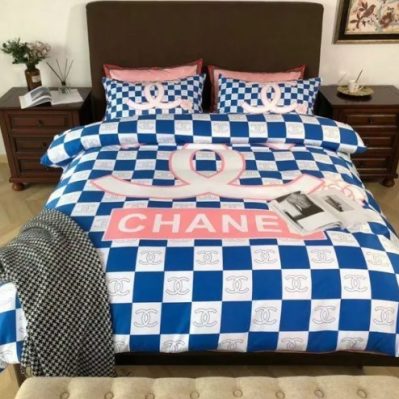 Chanel White And Blue Caro Bedding Set Queen Diverse Design and Materials