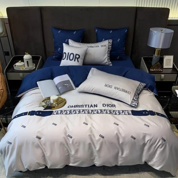 Christian Dior Logo Long Staple Cotton Bedding Set In White Navy Diverse Design and Materials