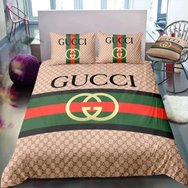Gucci Logo In Brown Monogram With Vintage Web Bedding Set Queen Diverse Design and Materials