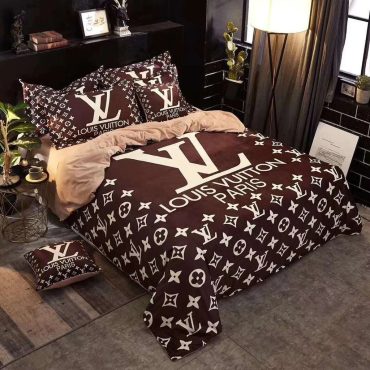 Paris Logo In Maroon Background Louis Vuitton Bed Set Diverse Design and Materials