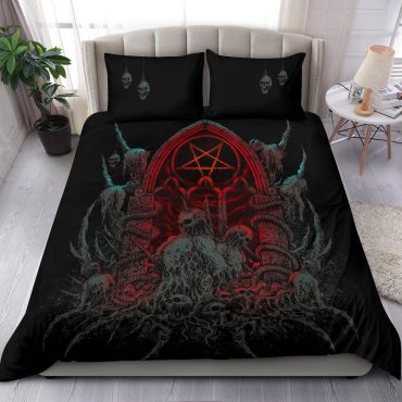 Satanic Skull Impaled Skeleton Inverted Flame Pentagram Shrine 3 Piece Duvet Set Color Version Diverse Design and Materials