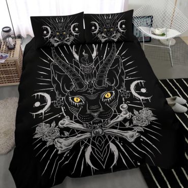 Skull Gothic Occult Black Cat Unique Sphinx Style Part 2-3 Piece Duvet Set Black Color Pentagram Version Diverse Design and Materials