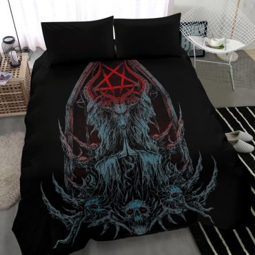 Skull Satanic Goat Inverted Pentagram Shrine 2nd Prayer Color Version 3 Piece Duvet Set Diverse Design and Materials