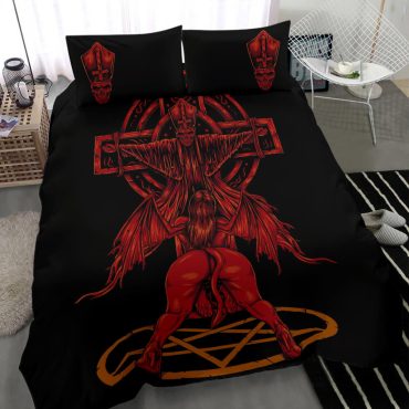Skull Satanic Pentagram Demon Priest Crucified 3 Piece Duvet Set Color Version Diverse Design and Materials