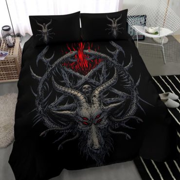 Skull Satanic Pentagram Goat Serpent Flame 3 Piece Duvet Set Color Version Diverse Design and Materials