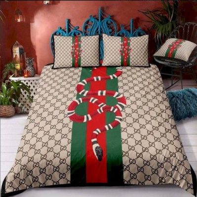 Snake In Monogram Background Gucci Bed Set Diverse Design and Materials