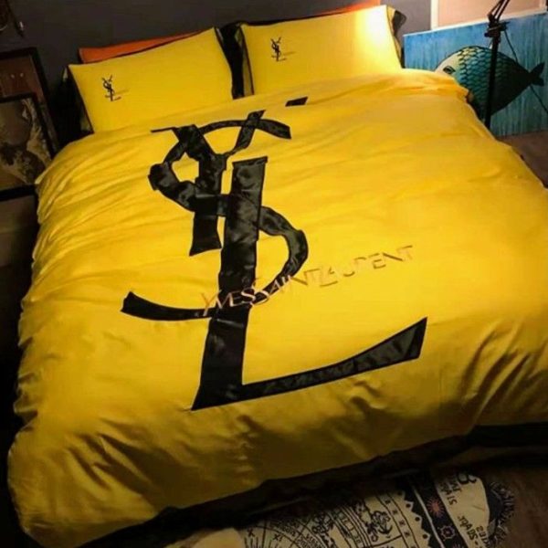 Yves Saint Laurent Logo Bedding Set Hot Luxury Brand Bedding Set Bedspread Duvet Cover Gift for Adidas Lover Diverse Design and Materials