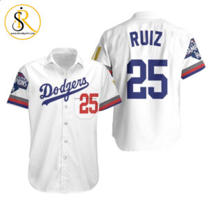 Beach Shirt Los Angeles Dodgers Ruiz 25 2020 Championship Golden Edition White Jersey Inspired Style Hawaiian Shirt Aloha Shirt for Men Women SeratyArt