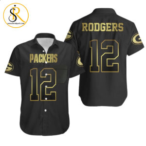 Green Bay Packers 12 Aaron Rodgers Black Golden Edition Jersey Inspired Hawaiian Shirt Aloha Shirt for Men Women SeratyArt