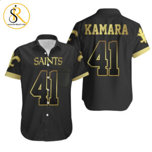 New Orleans Saints 41 Alvin Kamara Black Golden Edition Jersey Inspired Style Hawaiian Shirt Aloha Shirt for Men Women SeratyArt